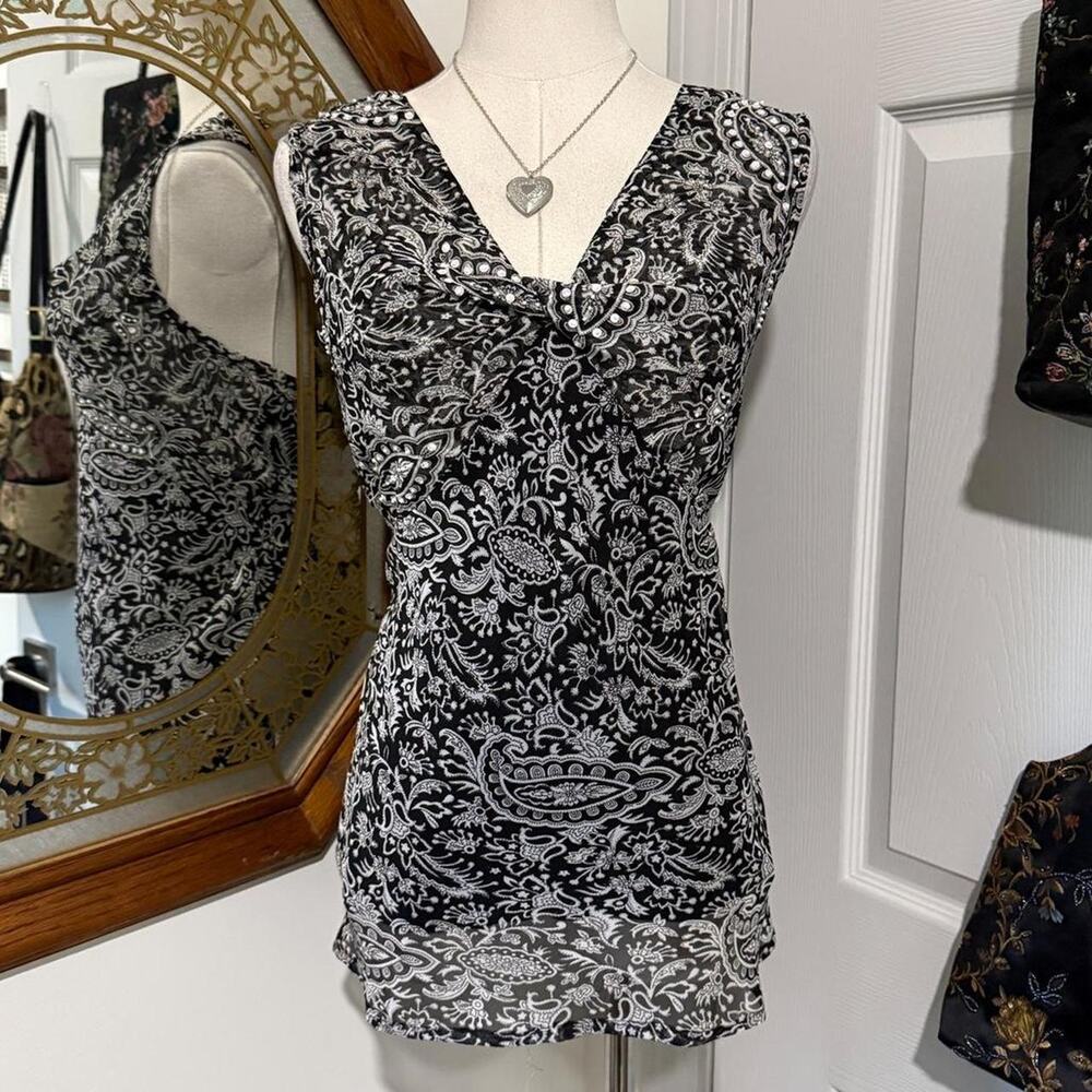 VTG Y2K Marisol Black White Paisley Twist Front Opalescent Sequin Sleeveless Top
